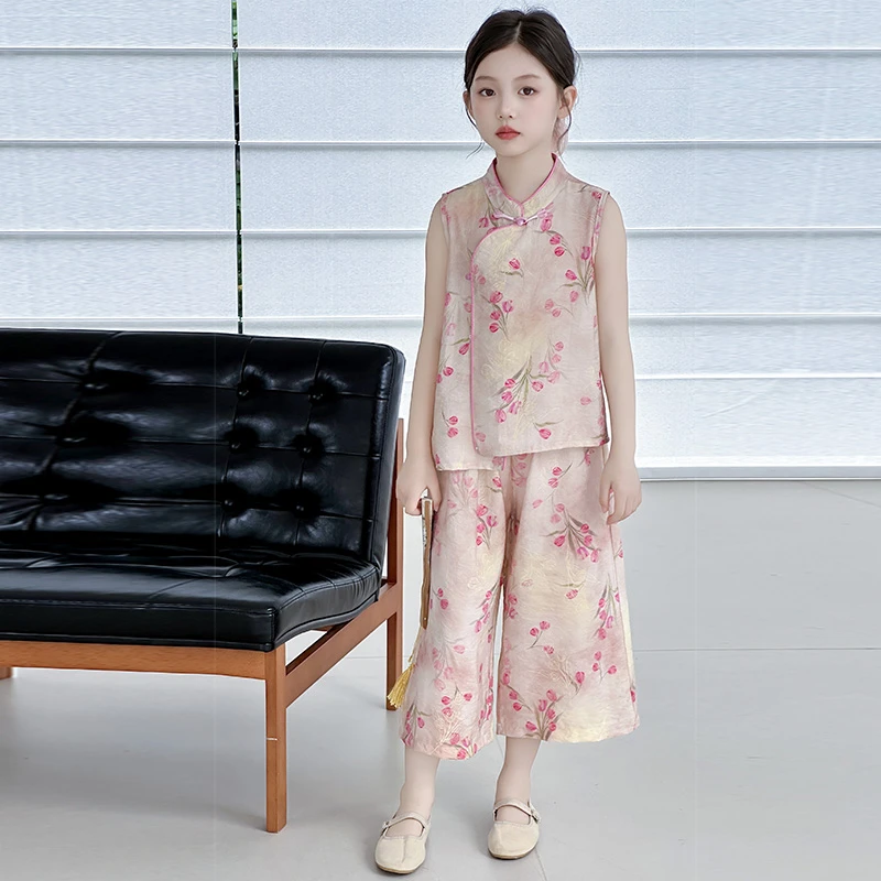 女童汉服套装夏季2025新款儿童中式夏装女孩盘扣上衣阔腿裤两件套