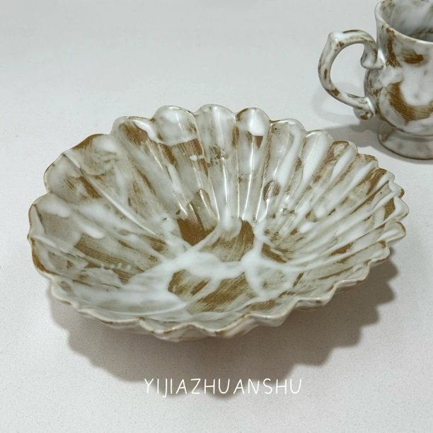 流云特色异形手作侘寂风粗陶花瓣碗水果沙拉盘日式菜碗深盘7英寸