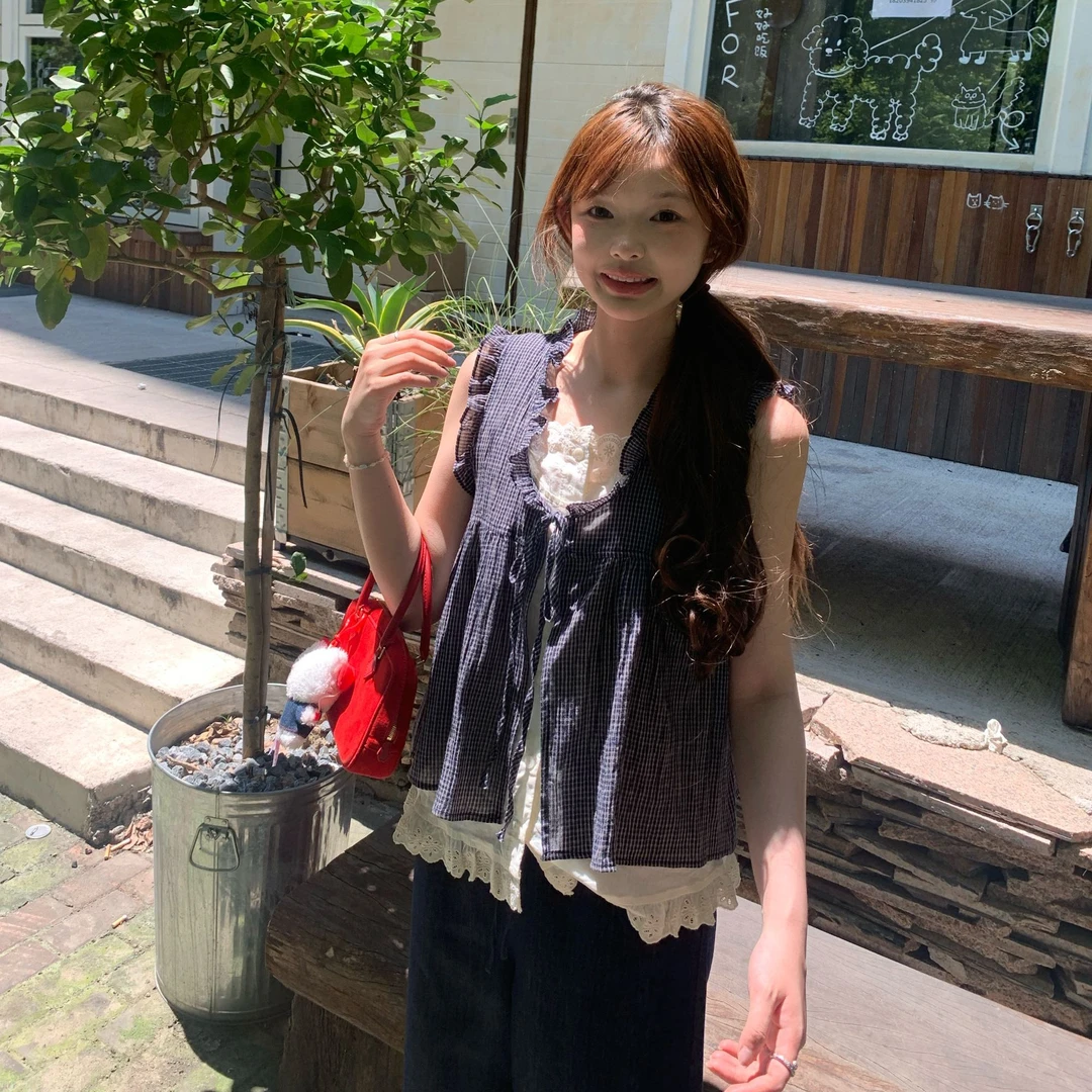 【现货】im向 韩系假两件衬衫木耳边减龄娃娃衫宽松无袖背心上衣