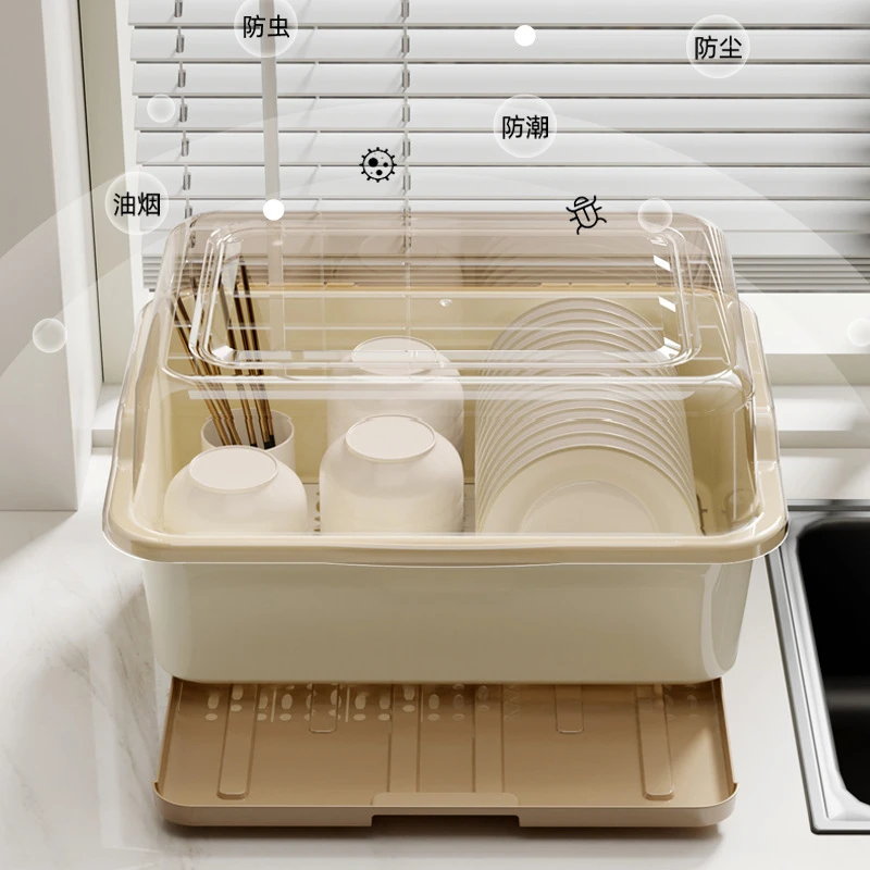 碗柜收纳带盖碗盘箱放碗置物厨房碗架沥水碗碟欧式多层厨房置物架