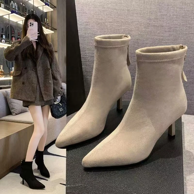 2025冬季新款网红瘦瘦靴气质简约高跟弹力靴尖头细跟短靴专柜短靴