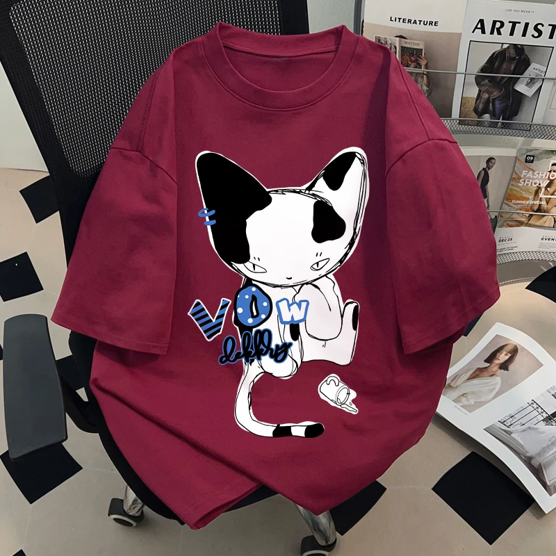 Dekkry潮流酒红色纯棉短袖t恤男女夏季创意猫咪涂鸦印花百搭上衣