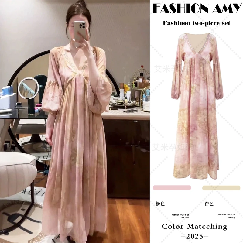 孕妇连衣裙夏季新款时尚韩版气质高级感撞色亮片灯笼袖V领显瘦裙1