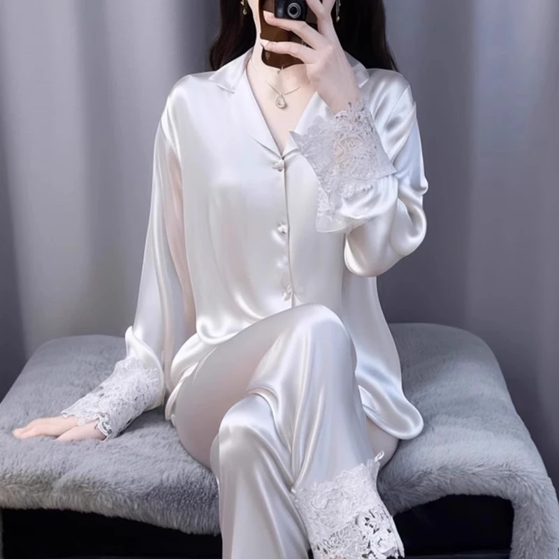 tpvl2025新款水光绸睡衣女春秋夏季长袖白色家居服套装蕾丝边薄款