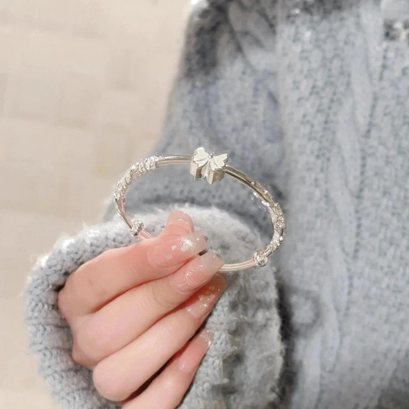 足银手镯 足银手镯 繁花蝴蝶结小众设计感甜美少女在逃公主可调节