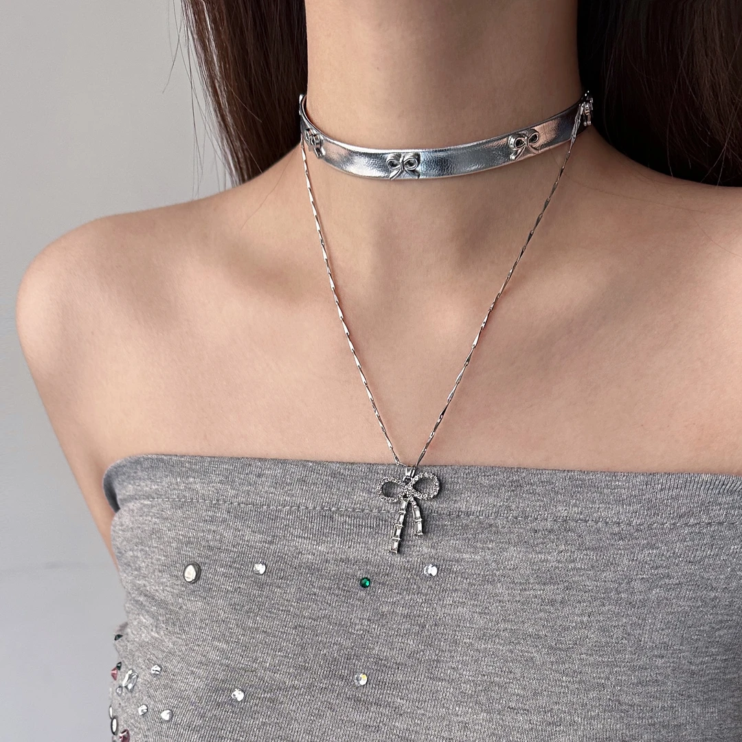 合金皮质项链 X5232-1辣妹时尚百搭潮流高级感蝴蝶结双层叠戴项链