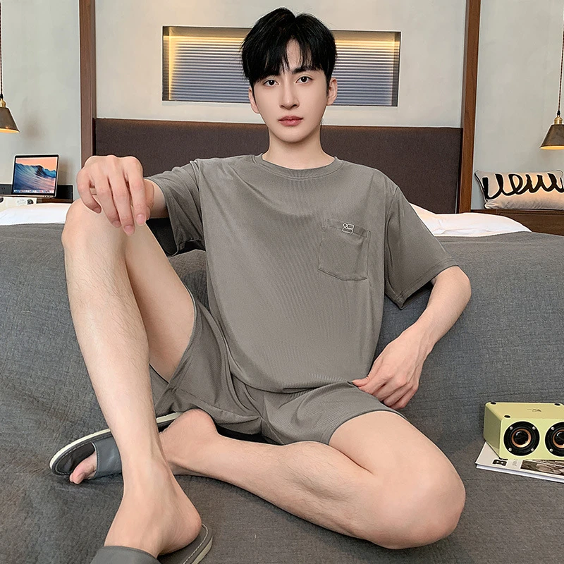 睡衣男冰丝螺纹布凉感男士短袖短裤加肥大码家居服套装可外穿薄款