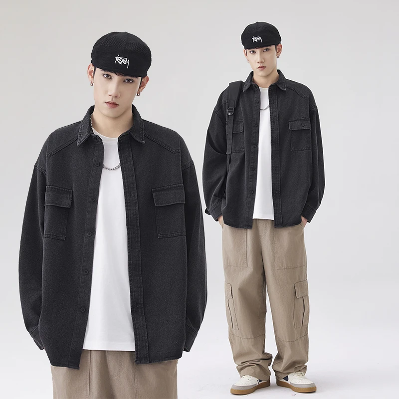 美式复古黑灰做旧水洗工装长袖衬衫男款春秋新款翻领衬衣休闲外套