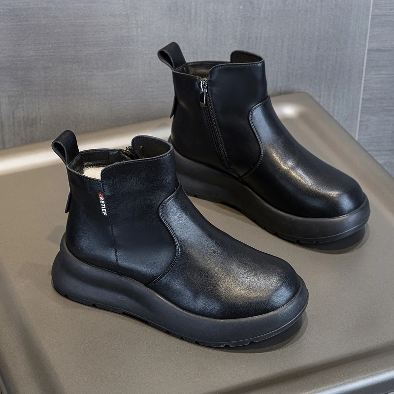 保暖厚绒真皮羊绒马丁靴英伦风短靴厚底切尔西女靴41大码雪地靴