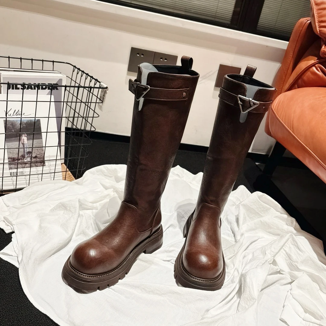 韩国单~皮带扣厚底增高长筒靴女2025秋新款高筒骑士靴ins风长靴女
