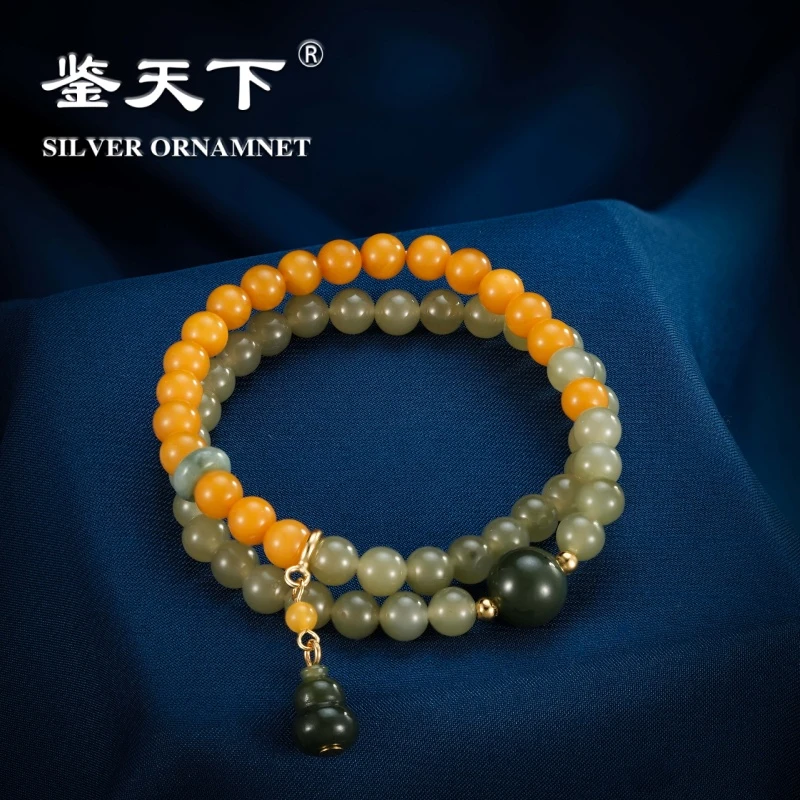 银镀金和田玉蜜蜡串珠福禄双圈手串06200438