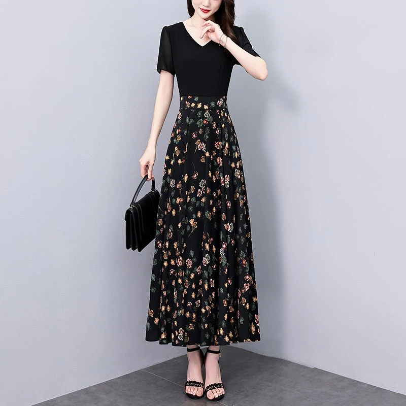 2025夏季新款高档印花雪纺碎花连衣裙大码胖mm收腰显