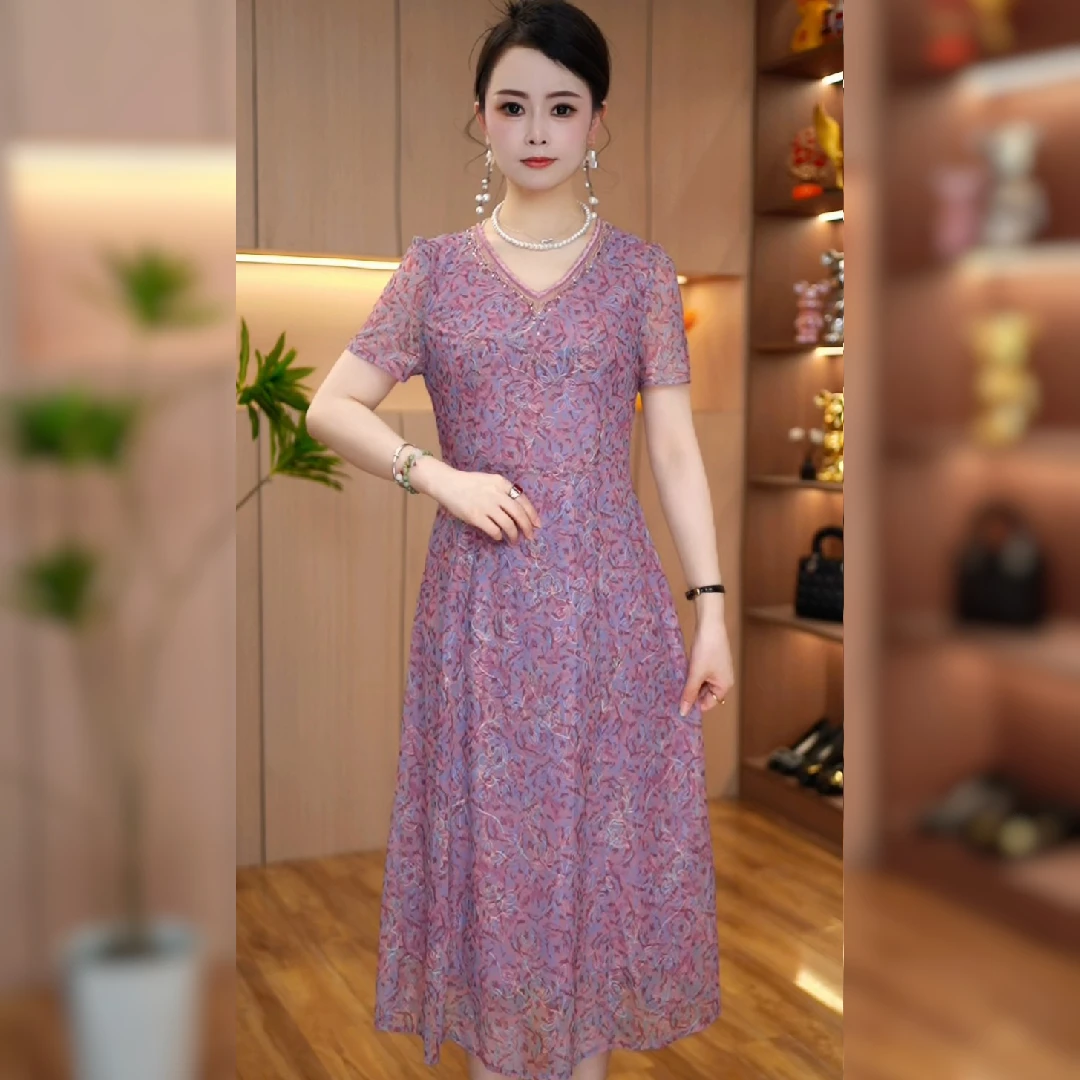 2025夏季新款短袖时尚妈妈装时尚洋气显瘦连衣裙优雅修身气质