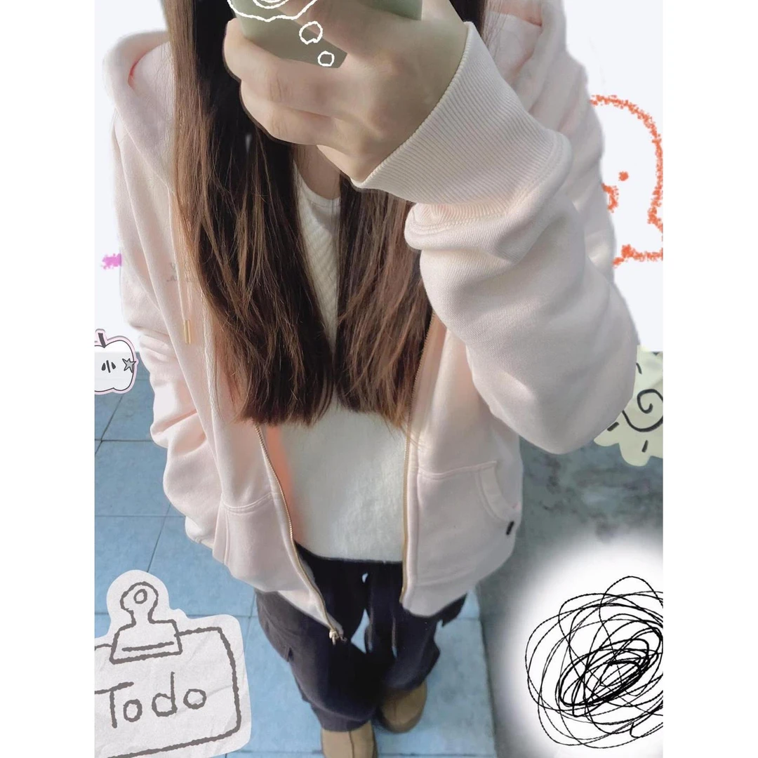 2025新款粉色连帽开衫卫衣女加绒保暖韩系减龄基础款重磅拉链外套