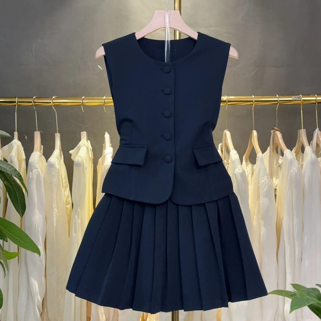 Y8021夏季新款静奢风法式背心上衣套装无袖马甲洋气百褶裙两件套