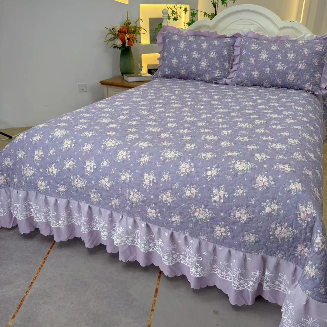 新款A类云感皱皱纱蕾丝床裙夏季小清新床盖韩式碎花-J