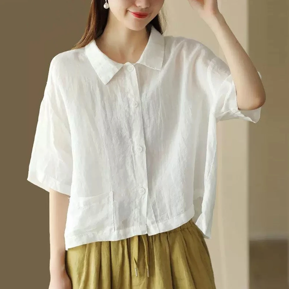 夏季新款POLO领棉麻单排扣短袖衬衫女宽松薄款设计感开衫上衣潮