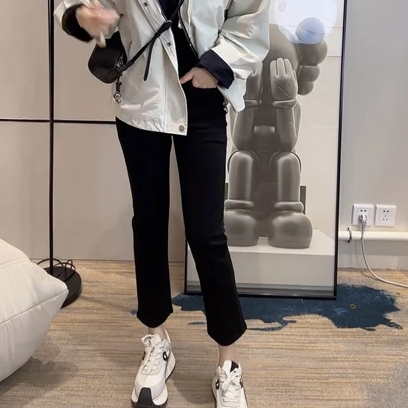 黑色烟管牛仔裤女2025秋季新款大码宽松显瘦高腰弹力小个子直筒裤