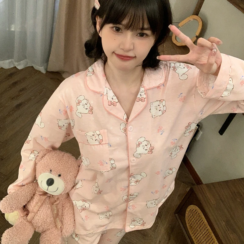 春秋季纯棉卡通甜美睡衣女士套装薄款开衫长袖长裤大码家居服