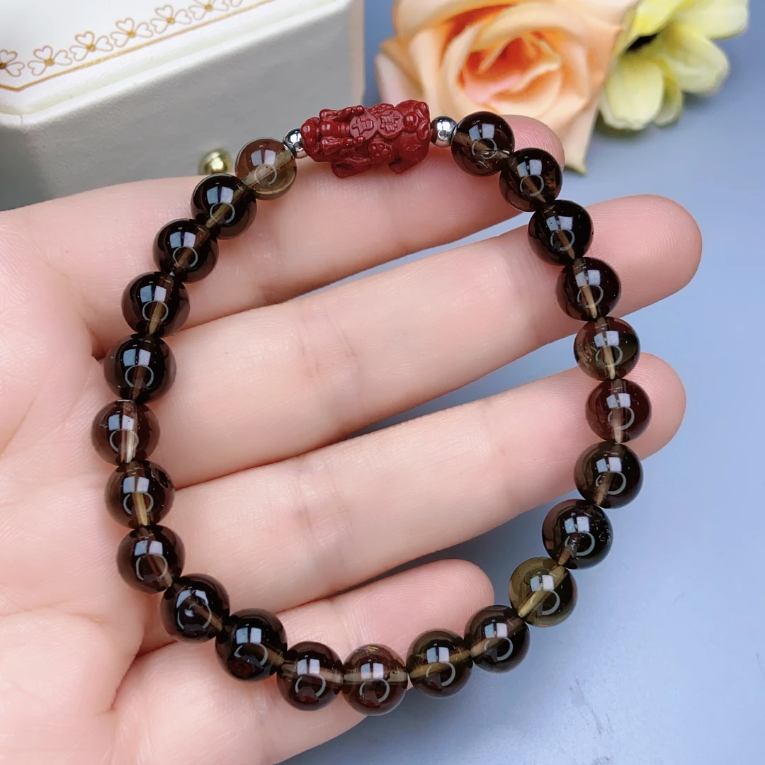 正品天然水晶手链茶晶圆珠手链8mm单圈貔貅手串简约时尚百搭F411