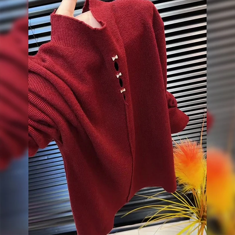 韩版设计感小众镂空半高领针织衫冬季大码胖MM百搭休闲温柔风上衣