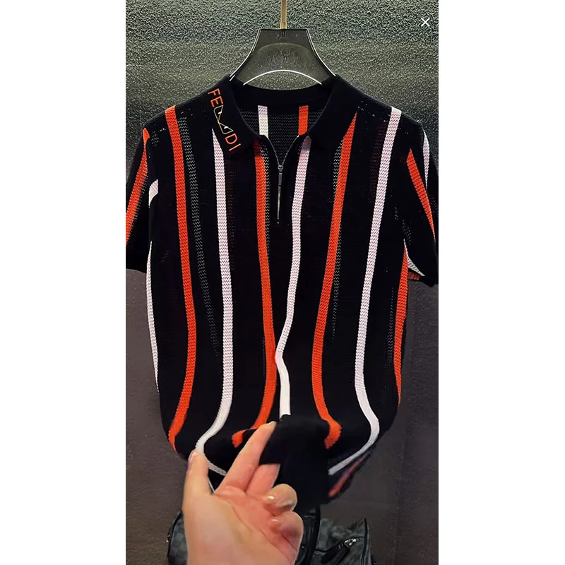 欧货轻奢高定休闲男装上衣2025夏季新款设计感网格条纹透气Polo衫