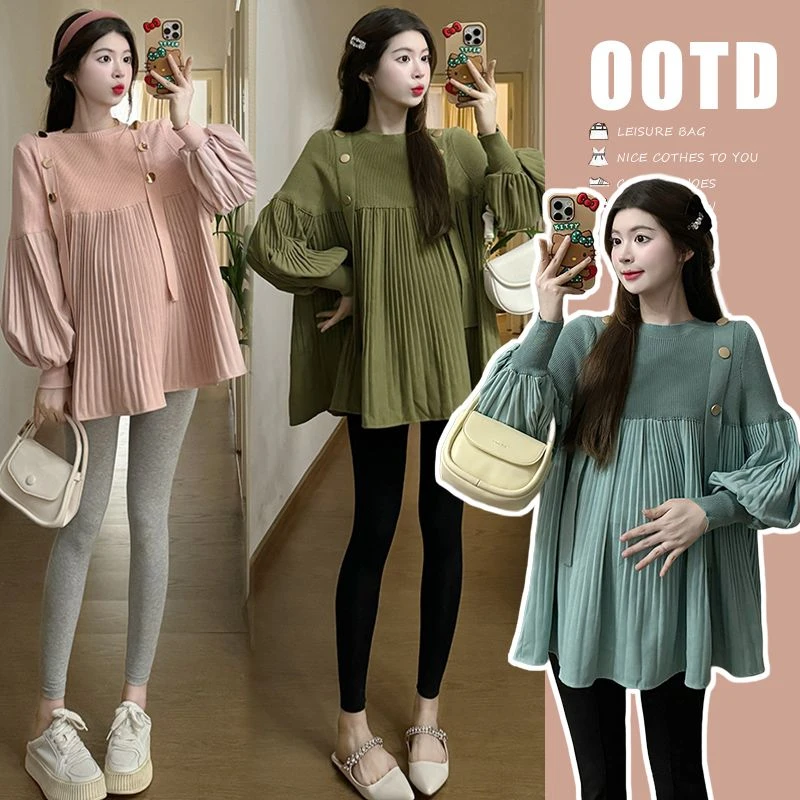 春季大码孕妇装针织拼接灯笼袖显瘦上衣百褶宽松中长款洋气上衣