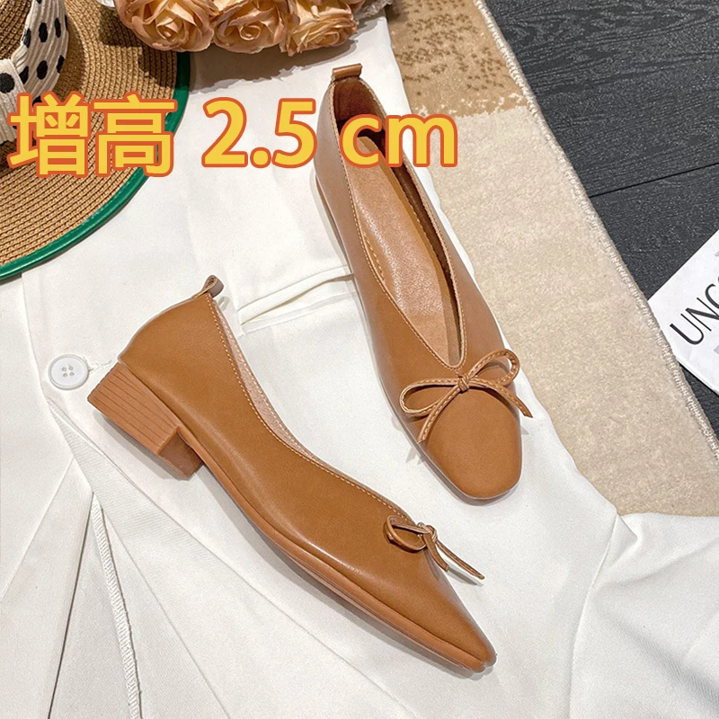 真皮法式方头软底单鞋女浅口气质蝴蝶结低跟百搭奶奶鞋孕妇豆豆鞋