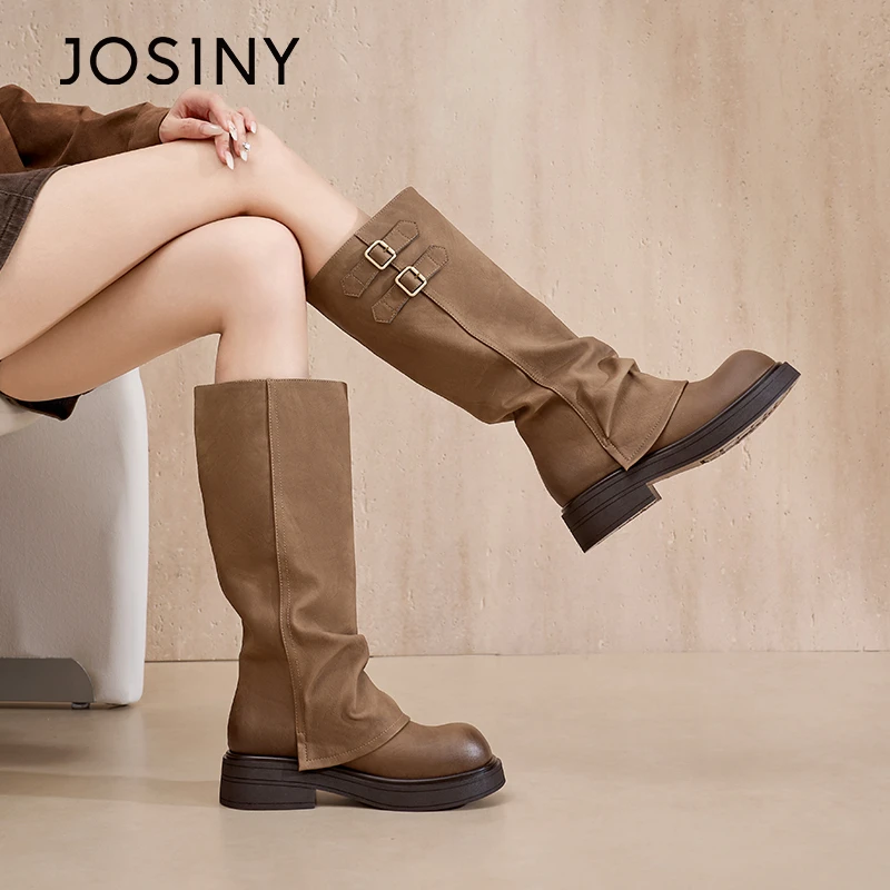 卓诗尼圆头褶皱堆堆靴女2025不过膝厚底增高软底时装靴562A80464