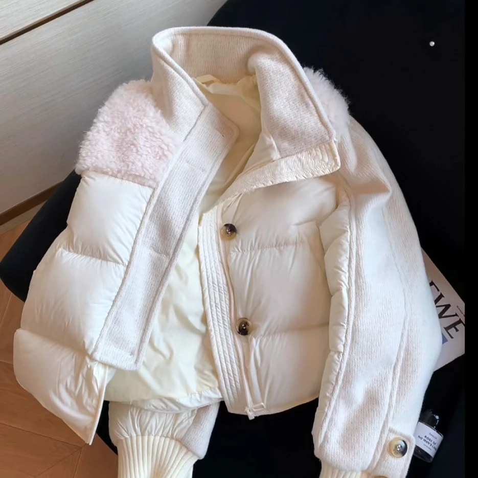 洋气高级感针织拼接立领棉服女2025冬季宽松减龄保暖短款外套女装