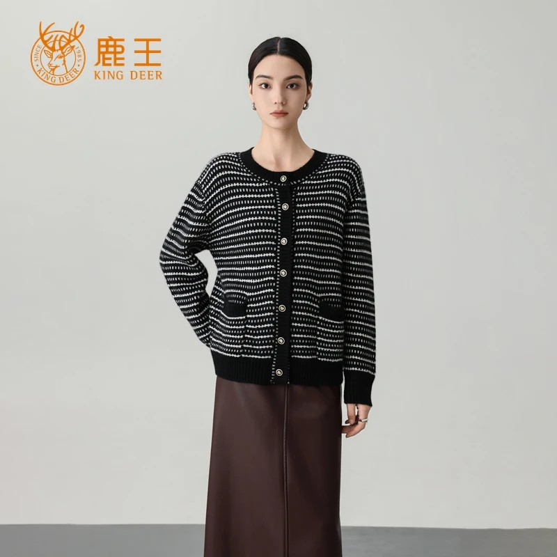 鹿王25秋冬新款女圆领100山羊绒时尚休闲针织开衫 加厚 RC039