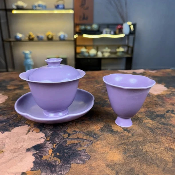 紫汝一人饮花口盖碗三才盖碗配高脚闻香杯花口杯茶杯丁香紫限定款