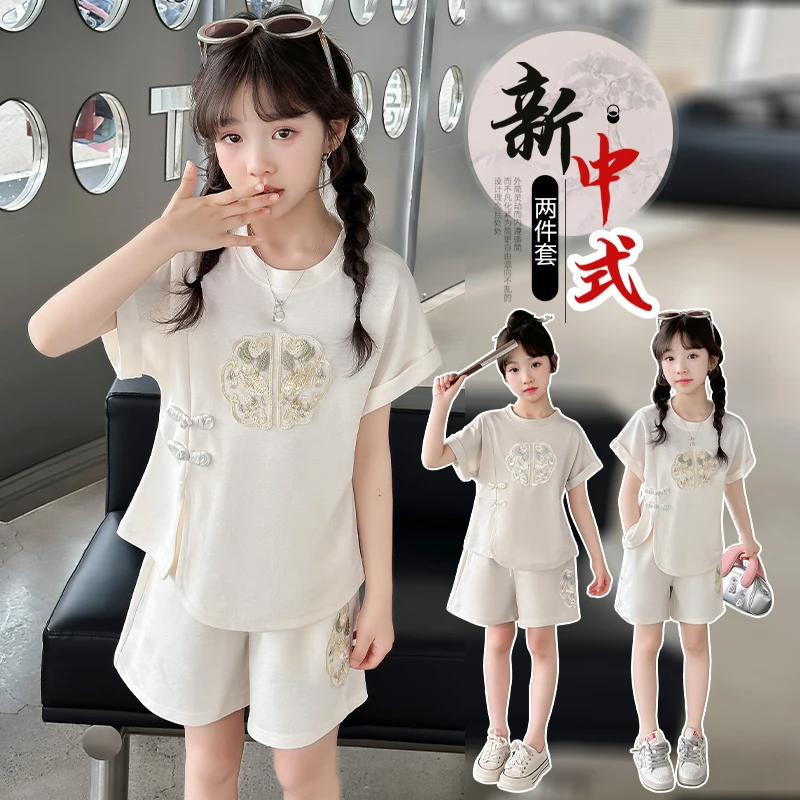 女童夏装6-12岁潮款高级感中式套装2025新款女孩时尚洋气国风套装