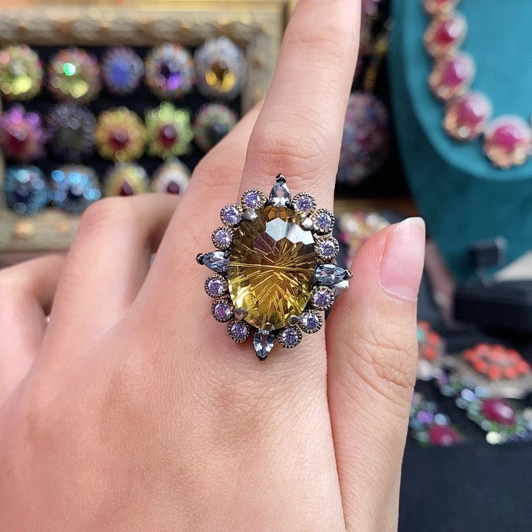 黄晶戒指银S925镶嵌