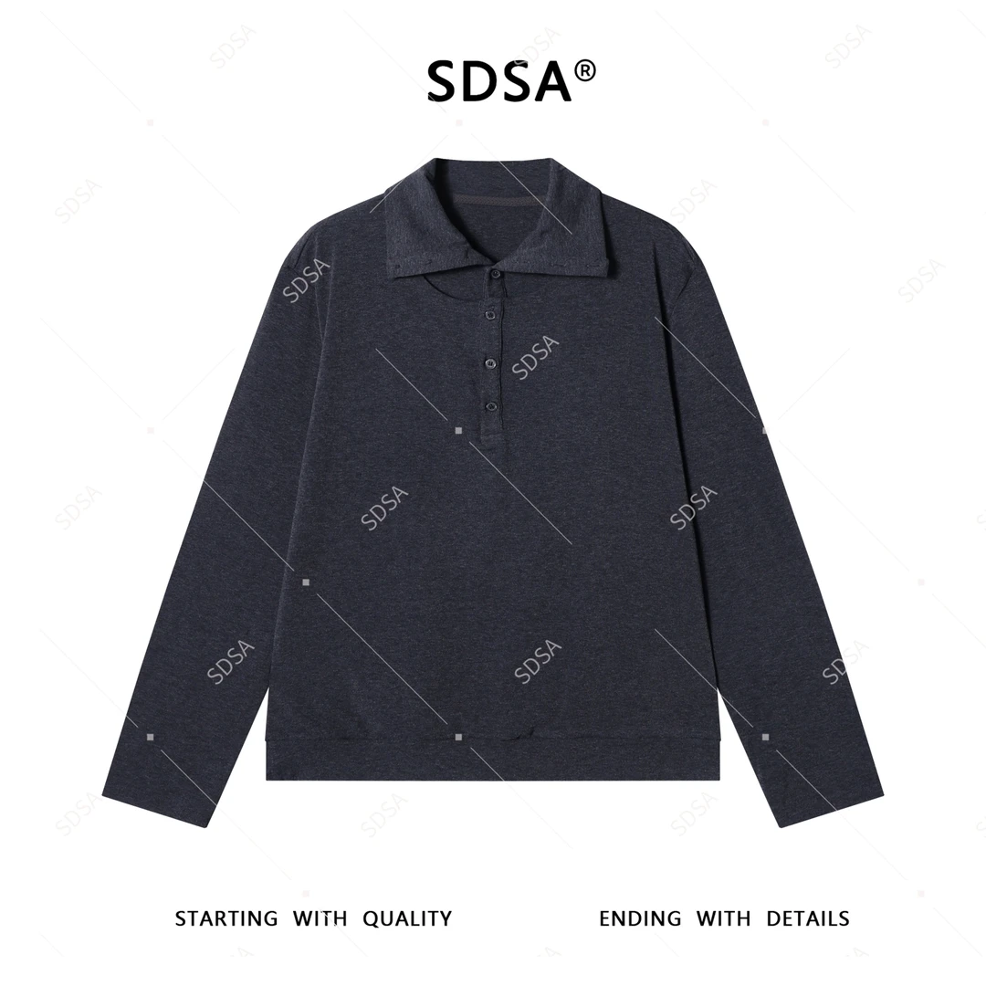 SDSA男士秋冬新款轻奢痞帅男装纯色半纽扣翻领长袖T恤潮牌舒适潮