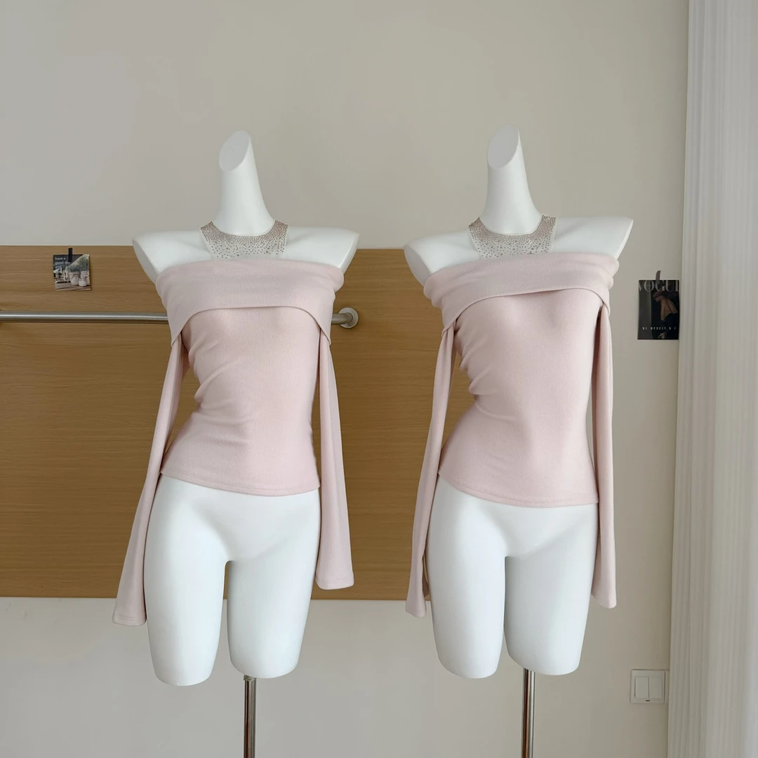 法式气质嗲妹挂脖水钻网纱拼一字肩针织上衣女春季修身显瘦打底衫