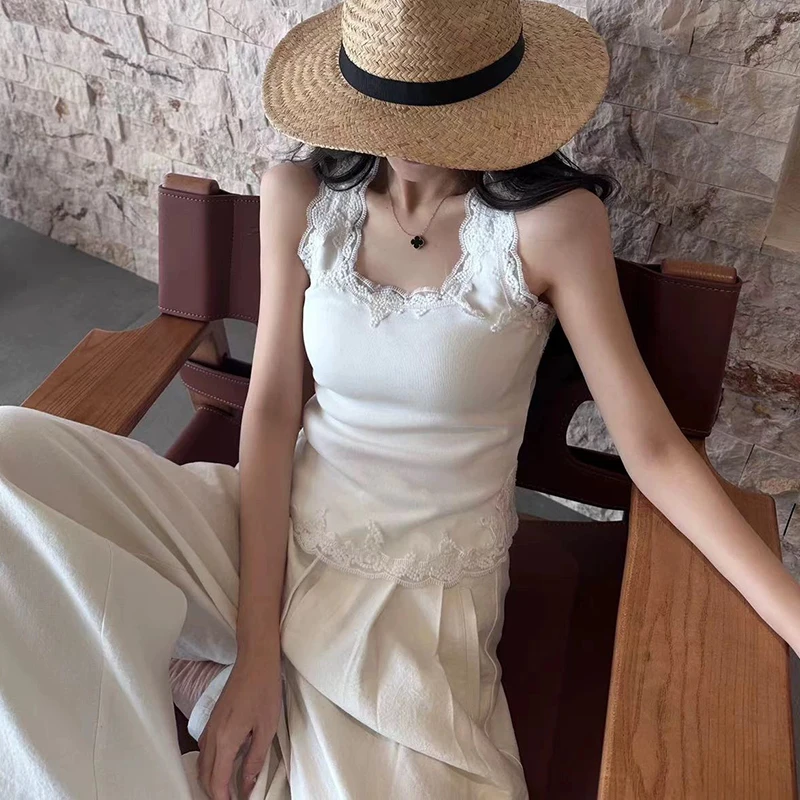 欧洲站吊带背心女2025年春季新品修身显瘦弹力拼蕾丝纯棉无袖上衣