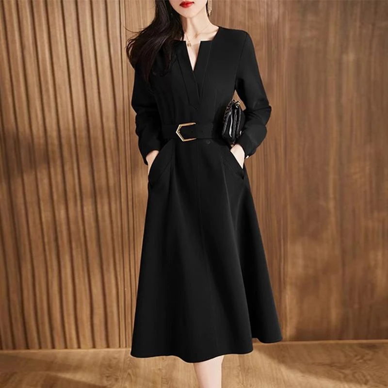 黑色长袖洋装女2025新款春季正式场合面试高端气质开春穿搭裙子