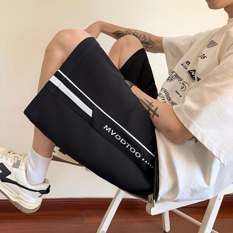 格子短裤男夏季美式潮牌条纹刺绣休闲五分裤宽松薄款运动直筒中裤