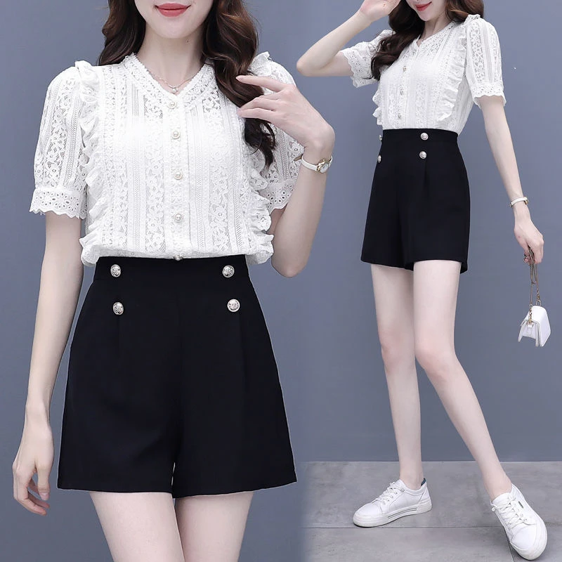 洋气蕾丝领衬衫短袖阔腿短裤小个子两件套夏纯欲慵懒风套装