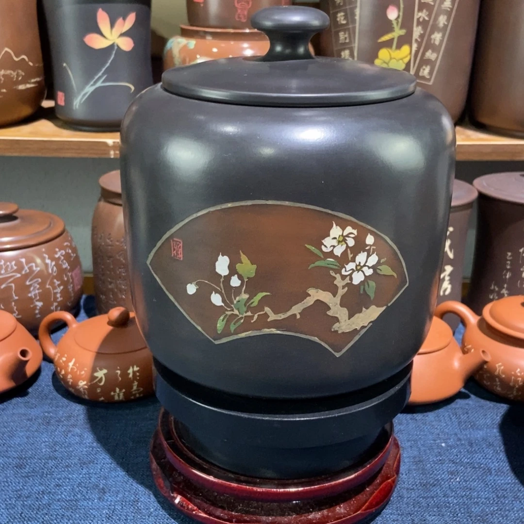 14建水紫陶手工精磨彩填醒茶罐