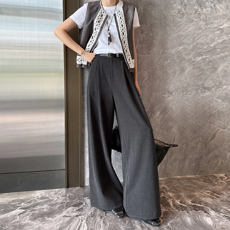 灰色阔腿裤女高腰高级感垂坠感直筒慵懒老钱风褶皱宽松拖地西装裤