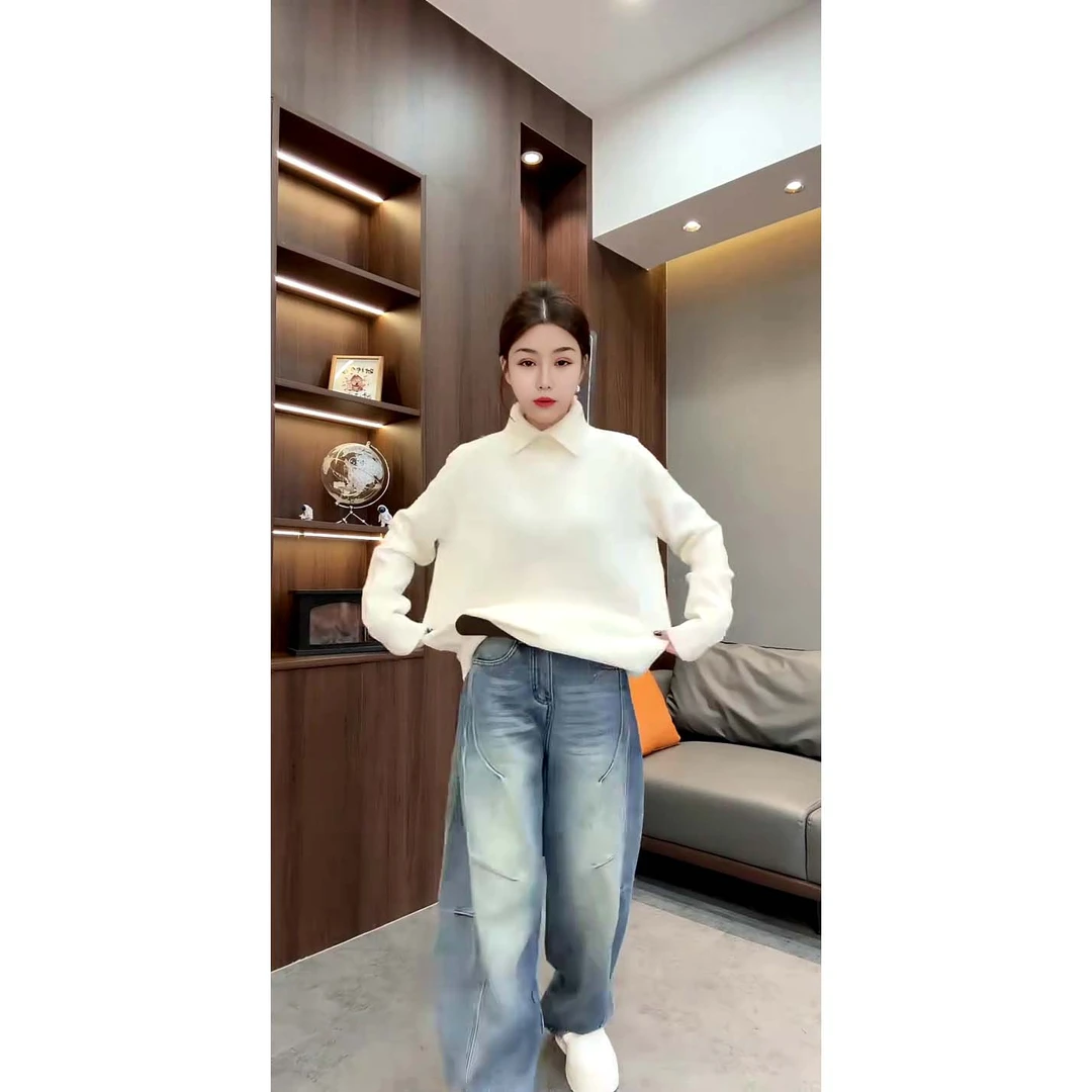 糖果色polo领净版长袖毛衣冬季百搭套头宽松慵懒上衣