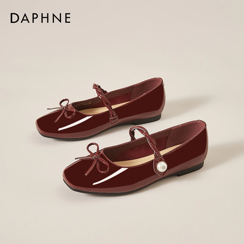 达芙妮红色甜美蝴蝶结一字带玛丽珍鞋女夏季浅口单鞋不累脚小皮鞋