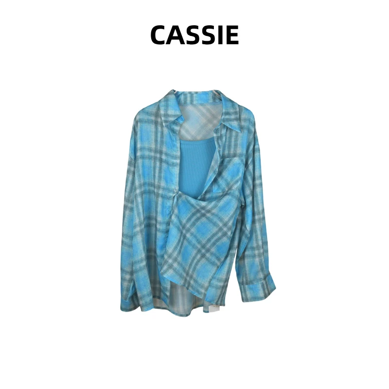 CASSIE格子短款衬衫背心衬衣两件套春夏时尚休闲设计