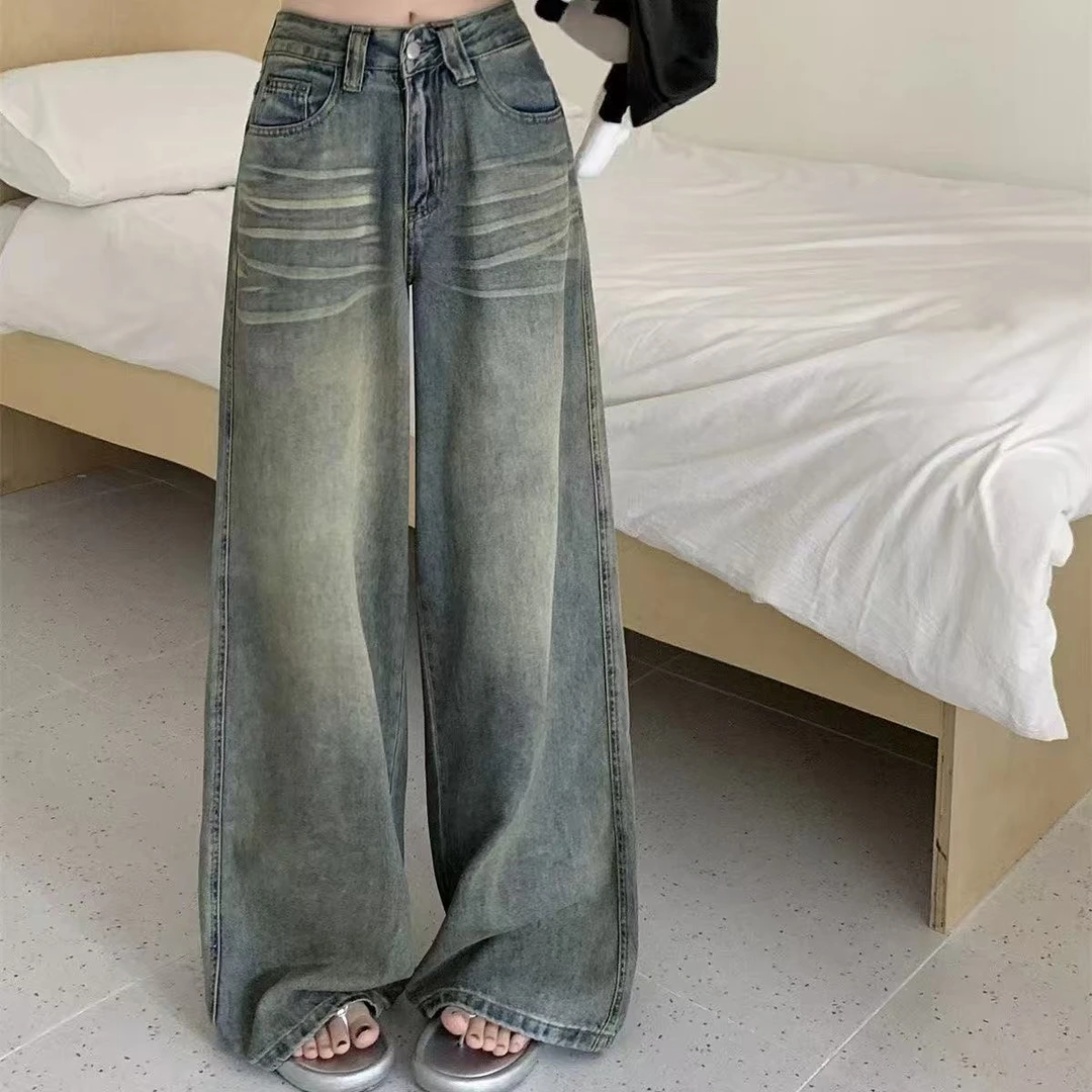 小个子复古蓝美式加长牛仔裤女辣妹高腰垂感做旧阔腿直筒拖地裤子