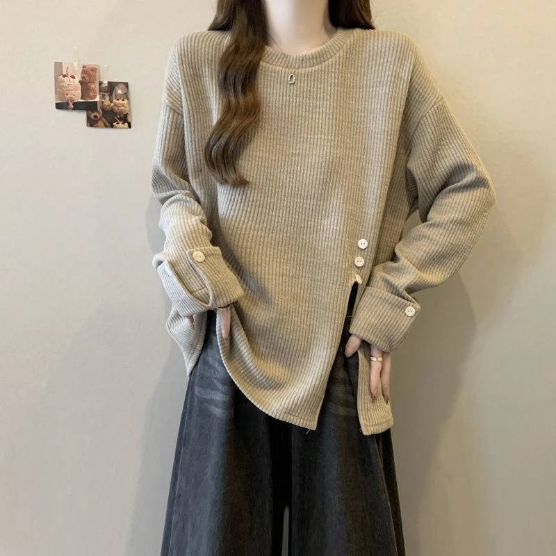 大码纹理感坑条开叉长袖上衣女2025秋季新款宽松显瘦时尚打底衫女