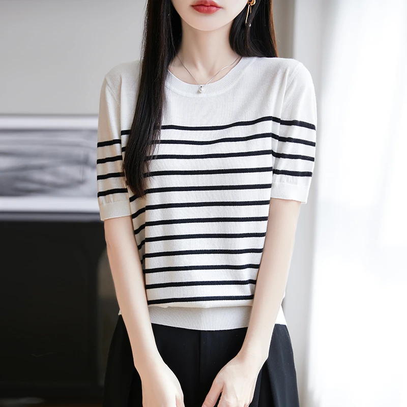 圆领短袖条纹薄款女装显瘦针织衫百搭短款夏半袖T恤撞色时尚背心