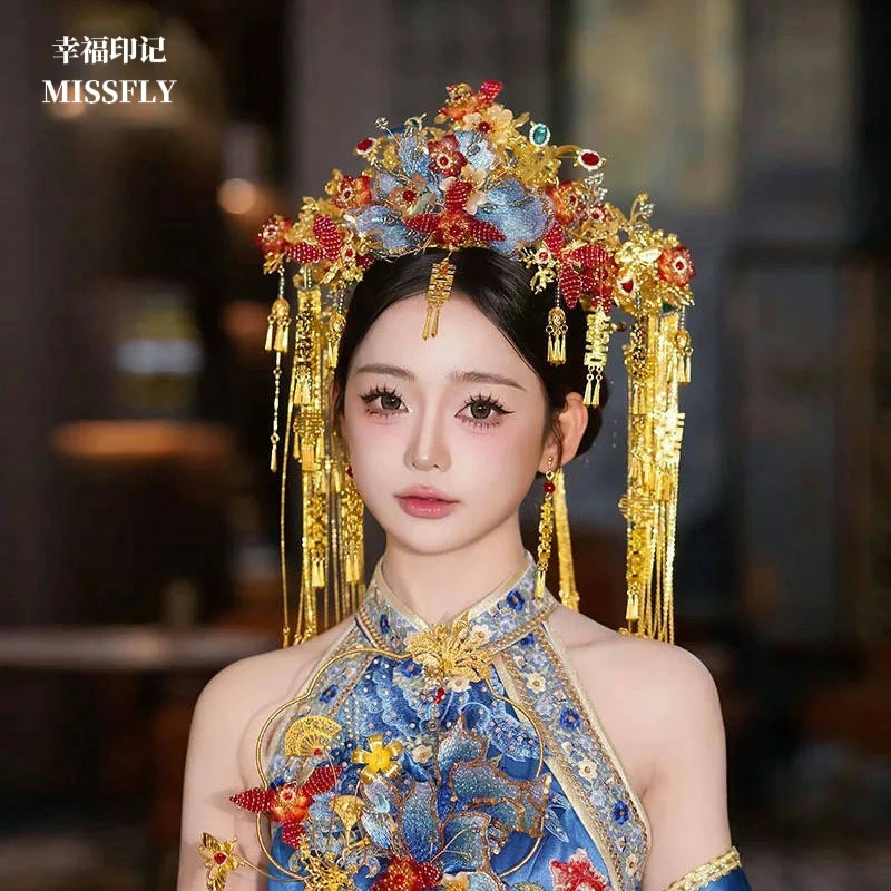 2025新款凤冠红金蓝色传统秀禾发饰新中式礼服头饰龙凤褂配饰新娘