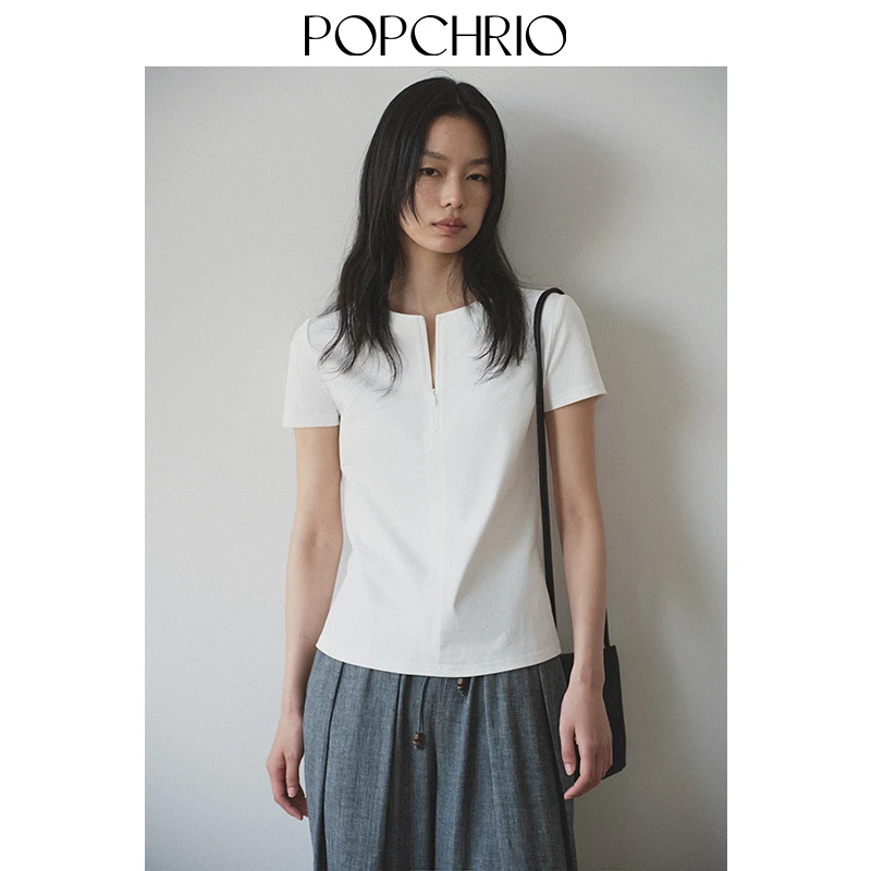 POPCHRIO欧可芮◆隐拉设计感圆v领短袖T恤宽松显瘦休闲体恤衫上衣